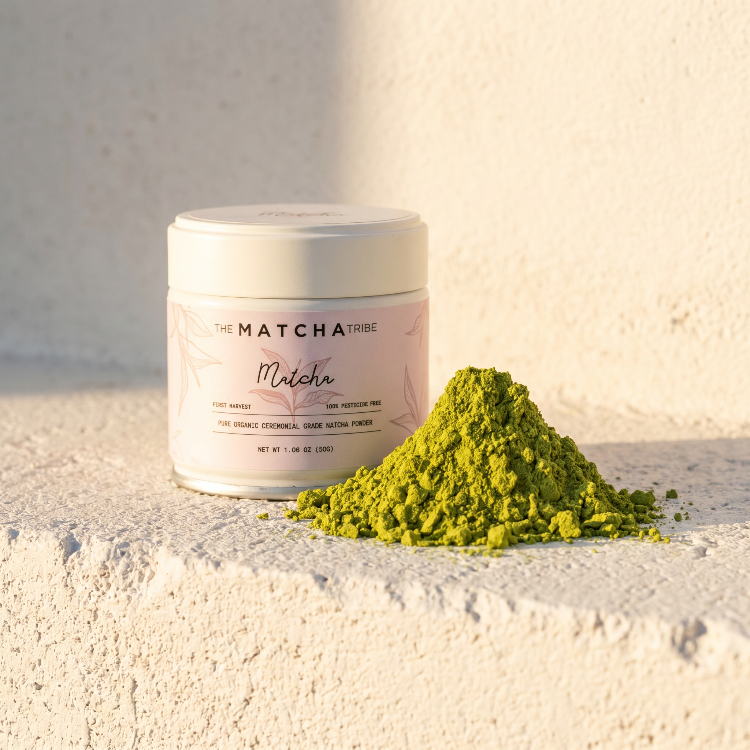 Matcha powder with a container labeled 'The Matcha Tribe'