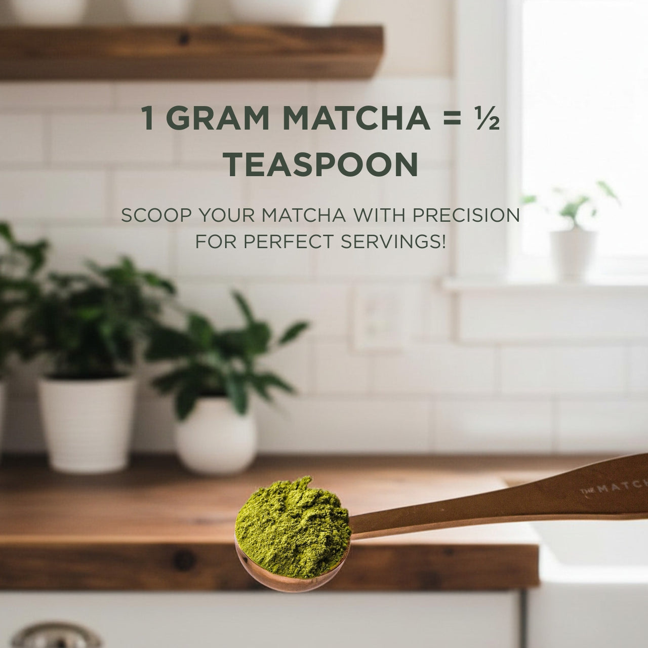 Matcha measuring spoon with packaging on a textured surface