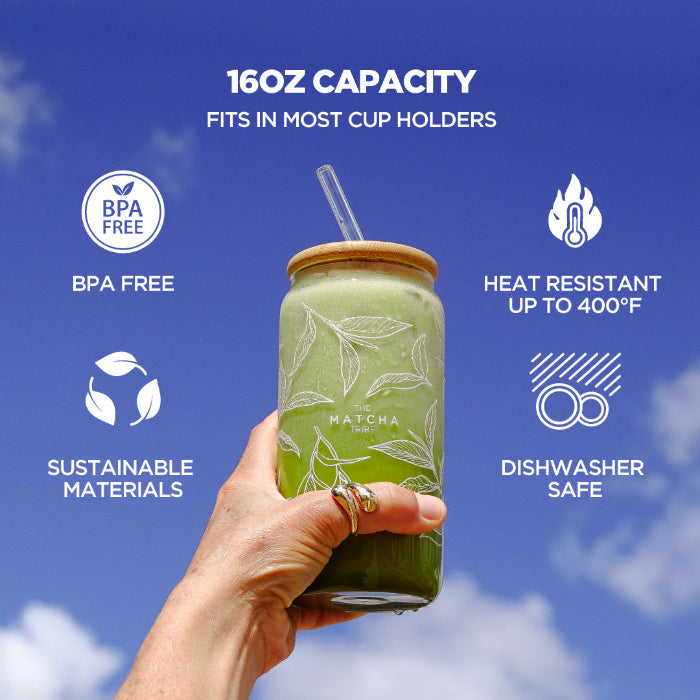 Green matcha drink in a jar held by a hand with a blue sky background, featuring product features.