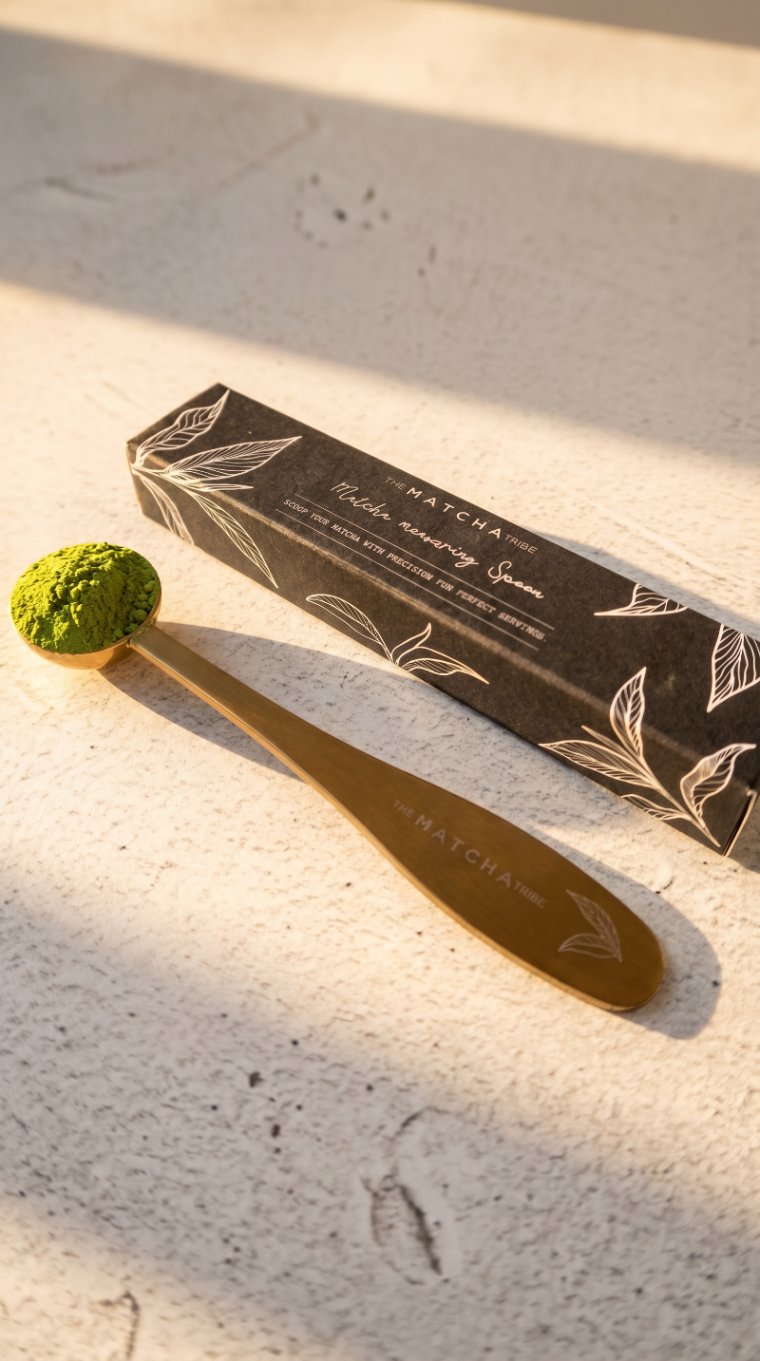 Matcha measuring spoon with packaging on a textured surface