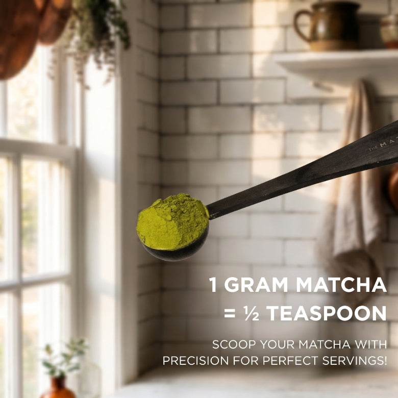 Spoon with matcha powder and text overlay in a kitchen setting