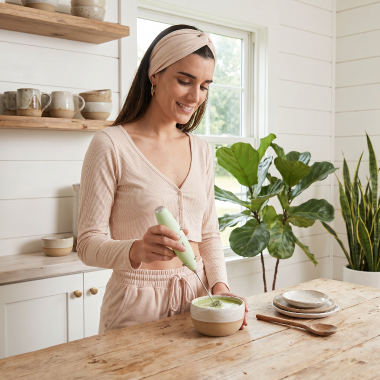 Matcha frother with packaging on a wooden board with plants in the background