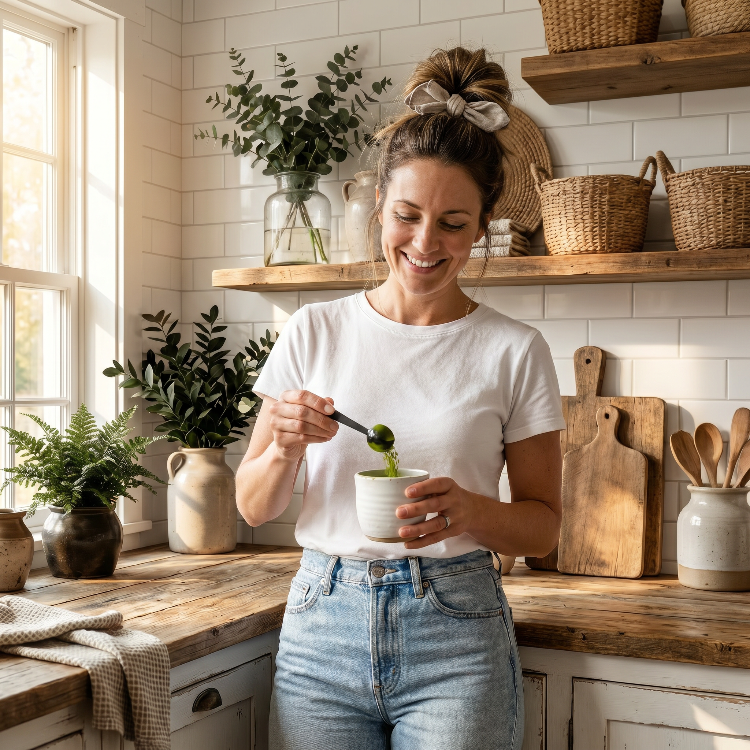 Woman in a kitchen preparing food, surrounded by plants and wooden shelves.