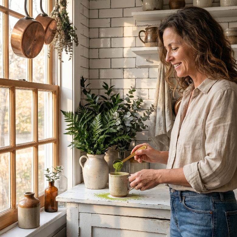 Woman in a kitchen preparing food with plants and pots around her