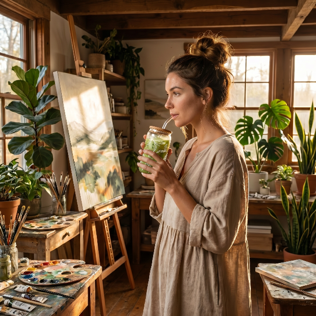 Woman in an artist's studio holding a drink with a straw, surrounded by plants and art supplies.